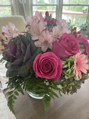 Beautiful arrangement for our anniversary. I love the selections in this... the berries, gerber daisies, the cabbage etc. really lovely