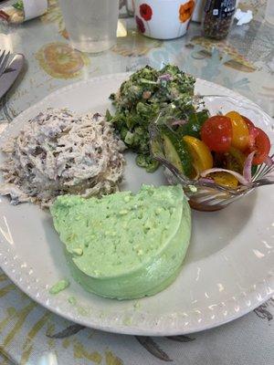 Emily's salad sampler - chicken salad, broccoli salad, cucumber & tomatoes, key lime congealed salad