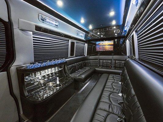 Interior picture of our 12 passenger Mercedes High Top Sprinter Limousine