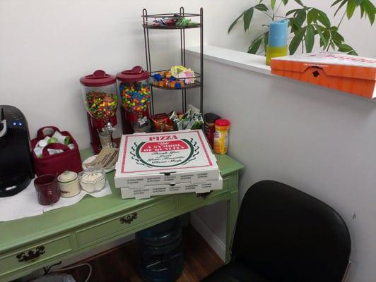 Pizza, donuts, candy, coffee, and plums. Oh yeah and an awesome haircut