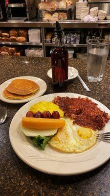 Simple eggs and corned beef hash.