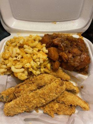 Whiting Fried Fish, Macaroni&Cheese, Sweet Potatoes