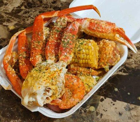 Crab Boil, Shrimp, Sausage, Corn, Egg, and Potatoes with Cajun Garlic Butter