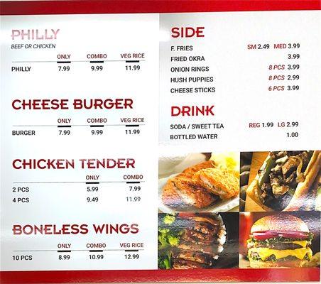 Philly cheese (beef or chicken), cheese burger, chicken tender, boneless wings and more