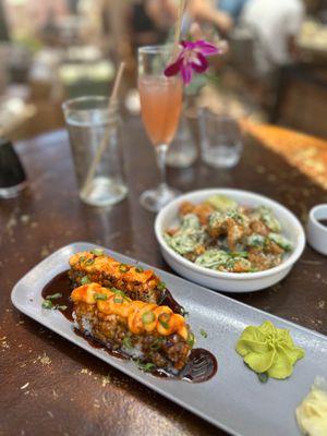 Lion king maki roll and popcorn chicken with snow seasoning jalapeño (not very spicy)