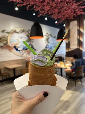 Taiyaki cone with matcha and ube swirl