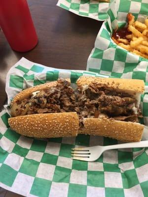 7" cheese steak. Lots of cheese.