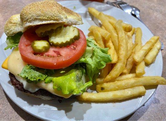 Three cheese burger with fries