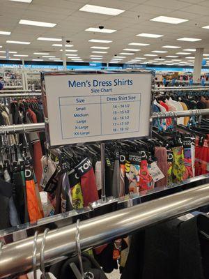 Men's dress shirts size chart