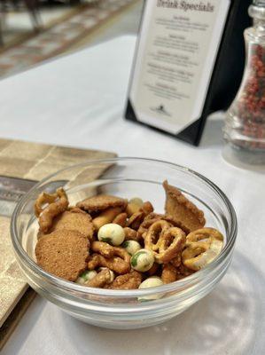 Bowl of sundry cracker snacks