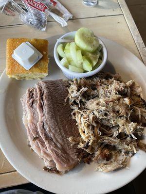 Brisket, Pulled pork and cucumbers salad.