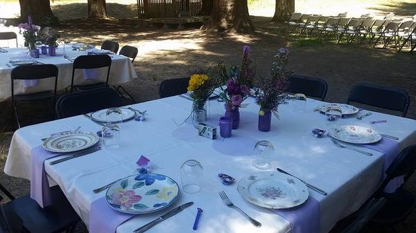 We rented the tablecloths, plates, napkins, cups, and flatware from Alexis Party Rental.