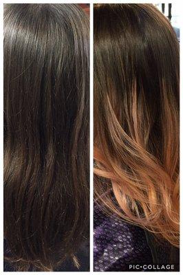 Before and after. We did rose gold balayage and she loved it. Color by Loree