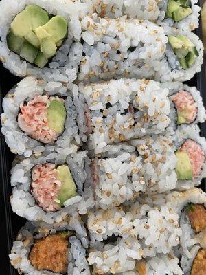 Avocado Cucumber Roll, California Roll, Spicy Tuna Crunch Roll