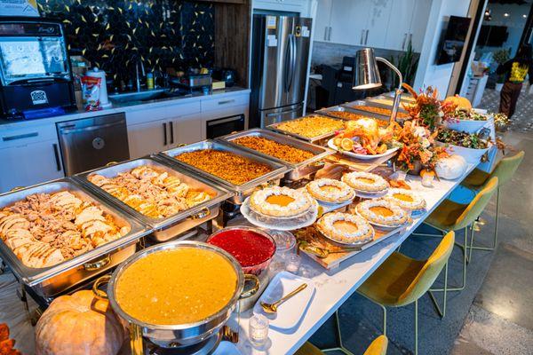 Thanksgiving Catering Spread, complete with turkey, sides, and dessert!