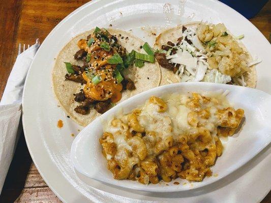 Chorizo mac n cheese and two tacos