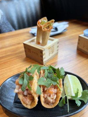 Salmon poke tacos and Spicy tuna cones