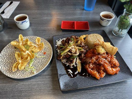 Combination plate with Mongolian beef sesame chicken and crab Rangoons