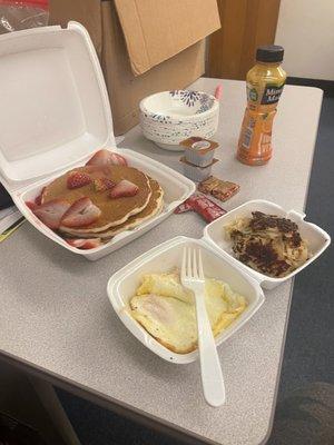 Strawberry Pancakes , Over Easy Eggs, Hash Browns