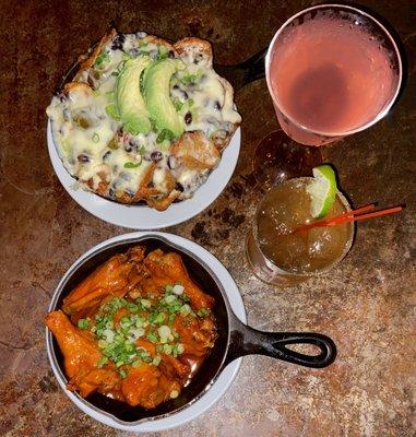 Spicy Lil Wings , Potato Nachos , Smoked Margarita