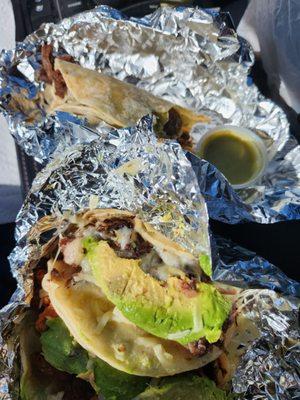 3 tacos: fajita on flour and Barbacoa and pastor on corn. Added cheese and avocado to each and the total was only $8! Delicious!