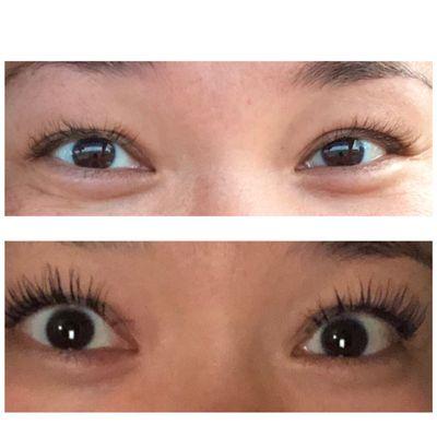 Top is before, no mascara, bottom is after with 1 coat of mascara.