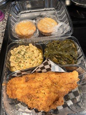 Catfish Platter with Mac & Cheese, Collard Greens and Cornbread