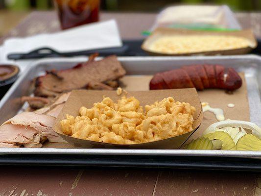 Brisket, Turkey, Mac & Cheese, Sausage Link, and Cream Corn with a Sweet Tea