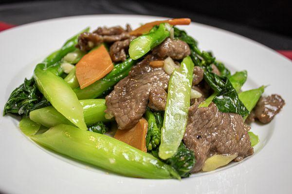 Beef and Chinese Broccoli. Also served with chicken, shrimp, or BBQ pork.