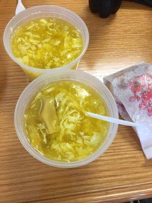 Half egg drop, half wonton soup.  They screwed up and gave us 2 instead of one.  It was good tho.