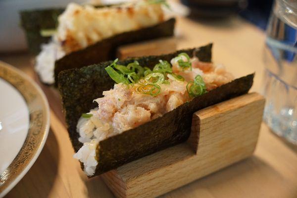 spicy hamachi temaki (hand roll)