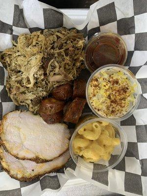 3 meat / 2 side plate - turkey, pulled pork, sausage, elote, and mac & cheese