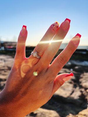 Red French tip, hearts, Valentine's Day inspo