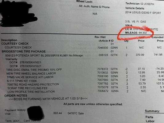 My receipt for the tires that we're put on my car 2000 miles ago yet according to Sterling McCall, are somehow at 6/32 already.