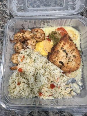 Sizzling chicken and shrimp with a little bit of protein and a whole lot of rice