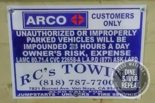 Arco's Towing Sign #DineSavorRepeat