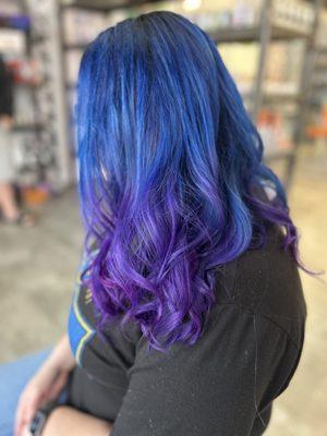 Vivid fantasy mermaid ombré purple blue hair color