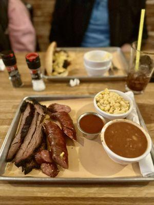 2 Meat Platter: Beef Brisket, Jalapeno Cheddar Sausage w/ Six Cheese Mac & Cheese and BBQ baked beans