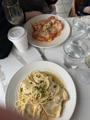 Shells (So good!) and Chicken Francese with spaghetti (Super good!)