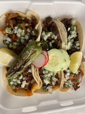 Pastor, cabeza, and bistec tacos