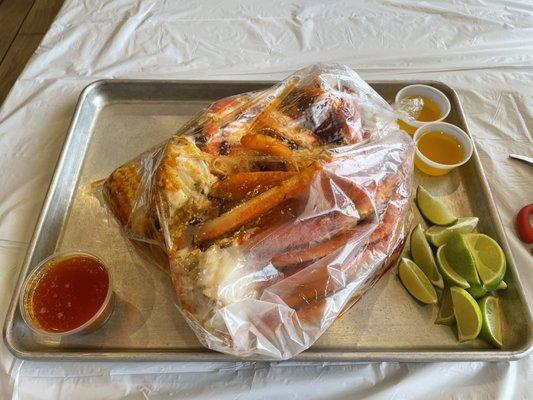 Crab, shrimp, crawfish in a bag.