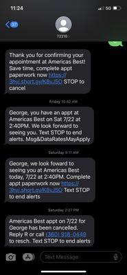 Texts confirming and cancelling the appointment