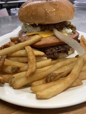 Their burgers are 1/2 pound. Bacon cheeseburger and Bologna cheeseburger.