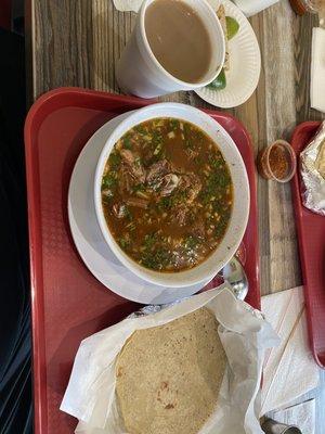 Beef Birria en caldo, handmade tortillas and free coffee