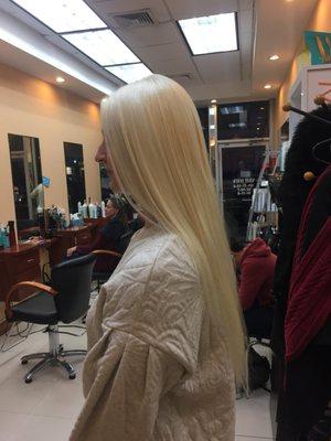 Platinum blonde hair colored by Michael