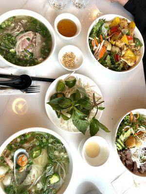 Seafood pho, beef pho, pork vermicelli bowl, lemongrass chicken vermicelli bowl