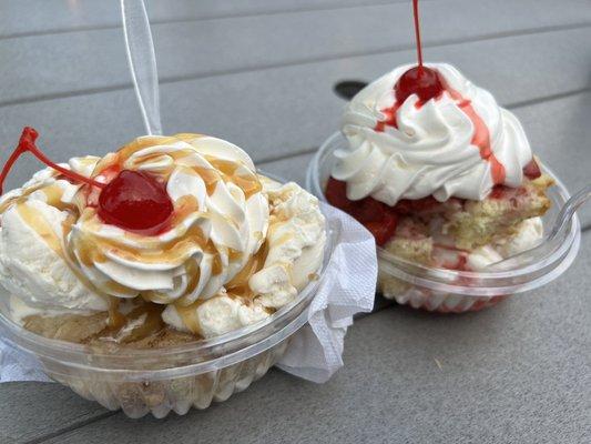 Apple Dumpling sundae and strawberry shortcake sundae