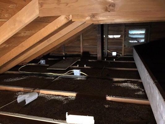 Attic work. Knob and tub removed and new wire installed and secured.