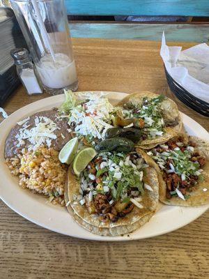 Taco dinner- Asada, chorizo, Al pastor con piña.