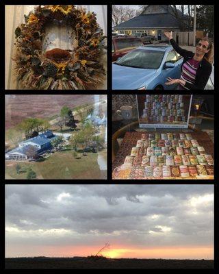 A collage of photo that shows a wreath in the staircase of The Barn B&B, a picture of the parking lot and exterior, and overhead view, etc